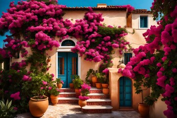 A Mediterranean-style villa with terracotta roofs and vibrant bougainvillea climbing along the exterior walls. - obrazy, fototapety, plakaty