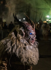 Ceske Budejovice, Czech republic - December 16, 2023: Unidentified people wear Krampus (devil) mask...