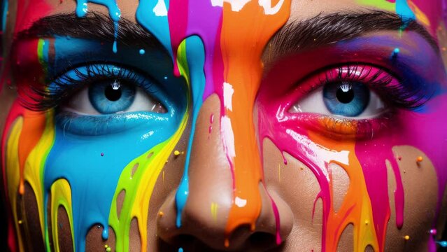 headshot of beautiful woman with paint makeup dripping down face