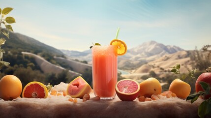  a grapefruit, orange, and grapefruit drink on a table surrounded by grapefruits and grapefruits. - obrazy, fototapety, plakaty