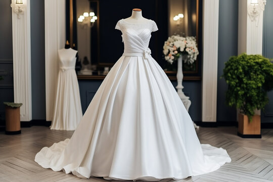 Image photo of a classic pure white wedding dress, the background is the interior of a classic dress shop