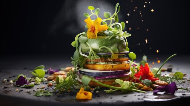  a pile of food sitting on top of a table next to a pile of leaves and flowers on top of a table.