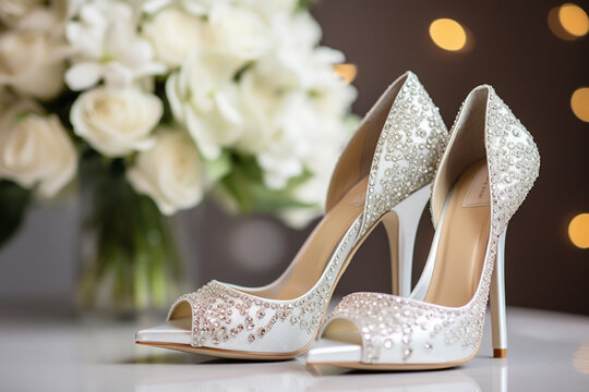 Image photo of sparkling pure white wedding shoes, background is a bouquet of flowers and beautiful white decoration,