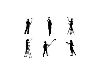 Set of Window Washing Silhouette in various poses isolated on white background
