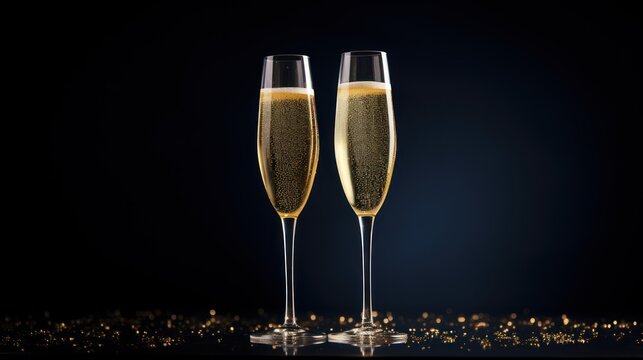  two glasses of champagne sitting next to each other on top of a black table covered in gold confetti.