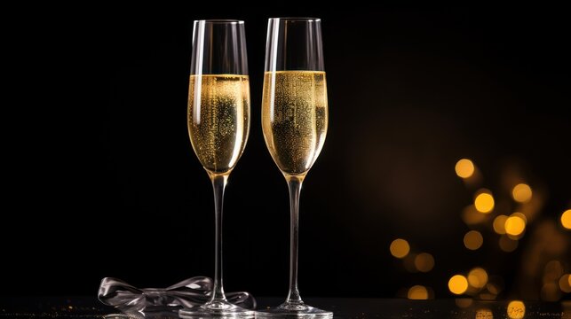  two glasses of champagne sitting next to each other on a table with a black background and gold lights in the background.