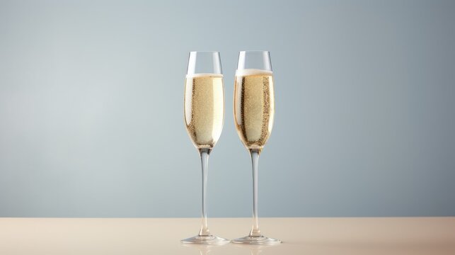  two glasses of champagne on a table with a light blue wall in the backgrounnd of the image.