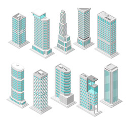 Isometric office urban buildings. Modern district architecture with skyscrapers. 3d simple apartments houses, downtown building, flawless vector set
