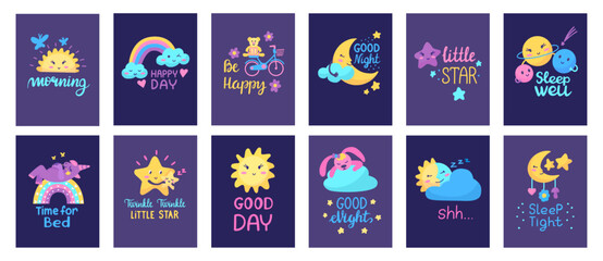 Cute baby good night posters. Sweet sleepy cards design, banners with doodle stars, sun, clouds and moon. Cartoon childish neoteric vector backgrounds