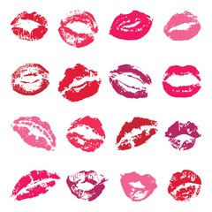 Lipstick kisses. Isolated red female kiss, grunge elements design. Woman lips stamps, romantic love relationships elements, neoteric vector set
