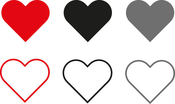 Heart sign. Love icon set. Fill and transparent background. Red black and gray color. Simple vector illustrations.