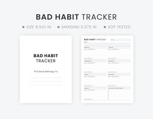 Minimal Bad Habit Tracker Printable With White Background and Black Text - obrazy, fototapety, plakaty