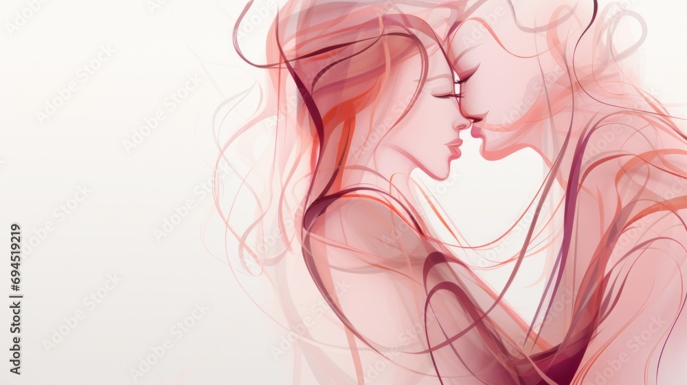 Sticker a couple of people that are kissing in front of a white background with a red swirl on the back of t