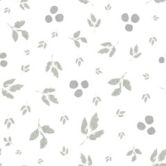 Vector leaf pattern with berries. Abstract line art seamless background. Backdrop with leaves and fruit on neutral backdrop. Scattered sprigs all over print. Decorative botanical repeat