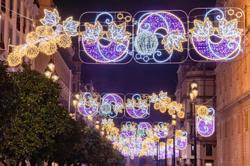 Christmas lights decoration in Constitution Avenue, Avenida de la Constitucion, around Seville...