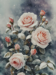 illustrazione di fioritura invernale di rose dai colori tenui, neve su foglie e fiori