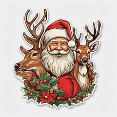 Santa Claus illustration with deers, Christmas sticker illustration