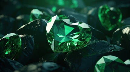  a close up of a green diamond in a pile of other green diamond in a pile of other green diamonds. - obrazy, fototapety, plakaty