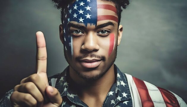 A man with American flag colors painted on his face - he is holding up index finger meaning number one - we are all Americans