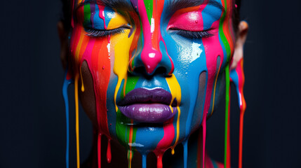 Female face with colourful paint falling down face