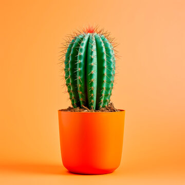 A cactus in a pot on an orange background. Minimalism. 