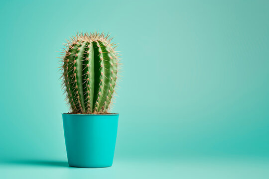 A cactus in a pot on a blue background. Space for copying. Minimalism. 