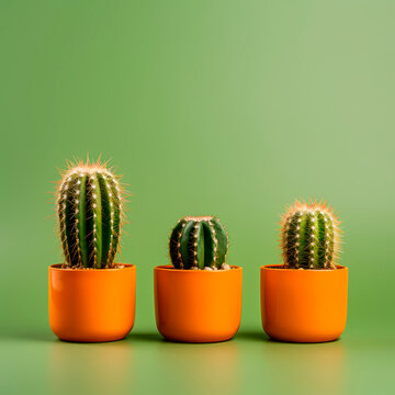Cacti in clay pots on an olive background. Minimalism. 