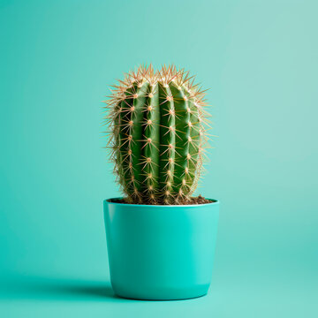 A cactus in a pot on a blue background. Minimalism. 