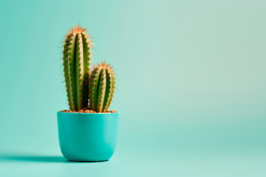 A cactus in a pot on a blue background. Space for copying. Minimalism. 