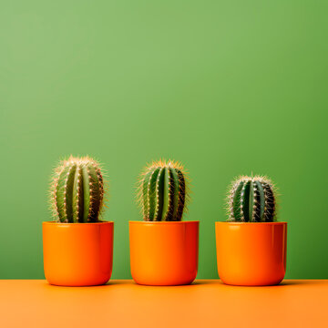 Cacti in clay pots on an olive background. Minimalism. 