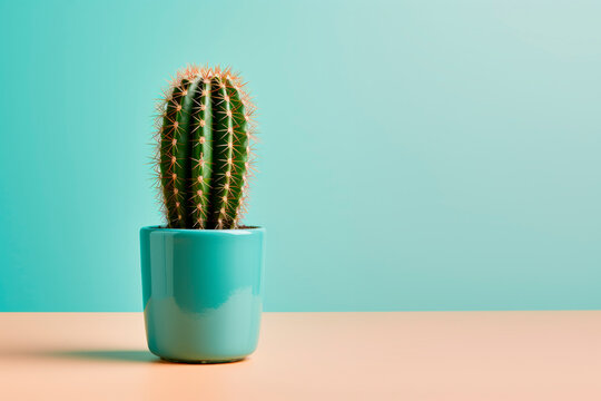 A cactus in a pot on a blue background. Space for copying. Minimalism. 