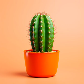 A cactus in a pot on a peach background. Minimalism. 