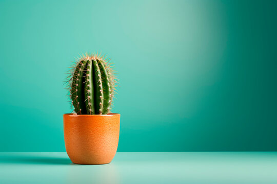 A cactus in a pot on a blue background. Space for copying. Minimalism.