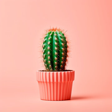 A cactus in a pot on a peach background. Minimalism.