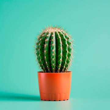 A cactus in a pot on a blue background. Minimalism. 