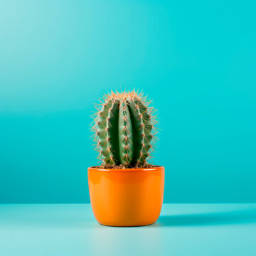 
A cactus in a pot on a blue background. Minimalism. 