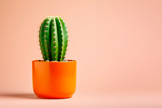A cactus in a pot on a peach background. Space for copying. Minimalism. 