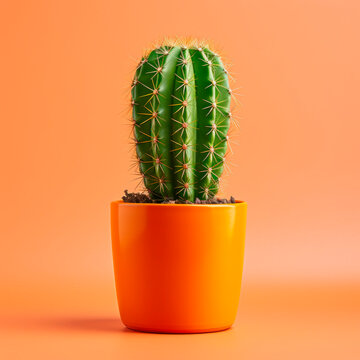 A cactus in a pot on an orange background. Minimalism. 