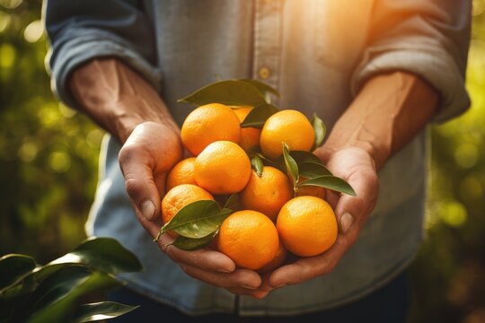 Farmer cradles some mandarins in hands. symbolizing fresh, healthy, organic agriculture.