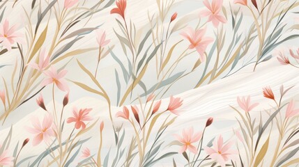  a pattern of pink flowers and grass on a light blue and beige background with a white stripe in the middle of the image.