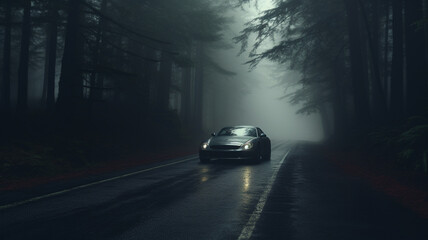 A light grey super-sport car, cruising along a dark, foggy forest road