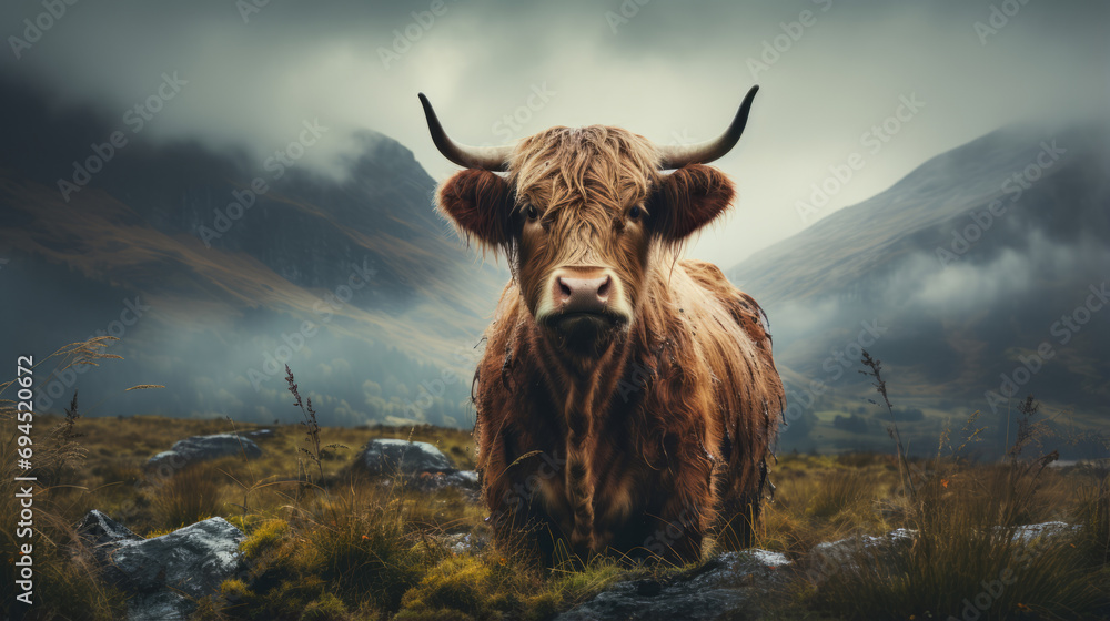 Poster well-groomed cow in the field.farm life. cow in the pasture