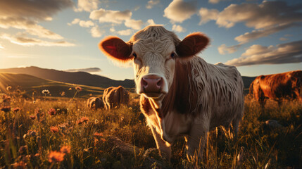 Well-groomed cow in the field.Farm life. Cow in the pasture - obrazy, fototapety, plakaty