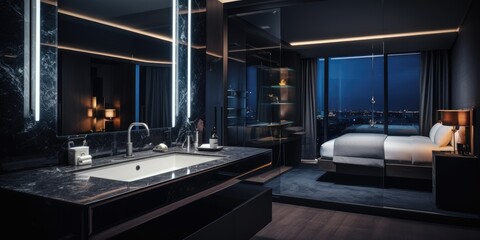 Expensive, stylish hotel room with cool, dark interior design, LED lighting, and glass separation between sink area and bedroom.