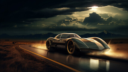 A metallic bronze super-sport car, racing under a dark, cloud-covered moon in a rural landscape