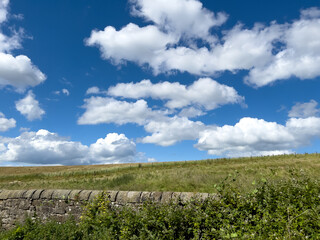 Vast rolling pasture lands of Scotland under a beautiful blue sky with puffy clouds.