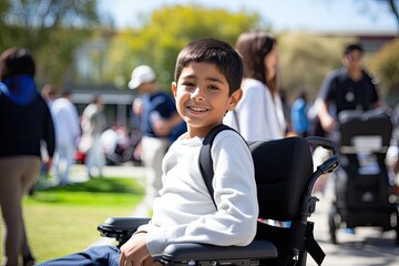 A cute Indian boy in a wheelchair, radiating happiness in a sunlit park setting, symbolizing strength and resilience. - obrazy, fototapety, plakaty