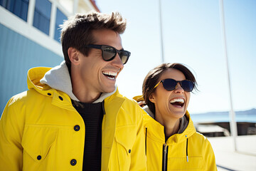 A happy and loving couple enjoying a vacation by the sea, wearing yellow raincoats, and sharing joyful moments together.