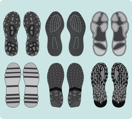 Shoe sole design pattern set vector for footwear, Sneaker, Boots, sandals, chukkas, slippers and flip flop. Shoe footprint silhouettes for sports shoes, running shoe, hiking boots and  tracking shoes