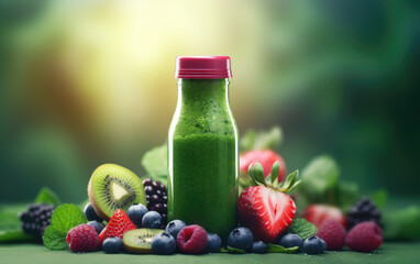 Green fruits smoothie in a bottle on the table and several tropical fruits on the table on green nature background